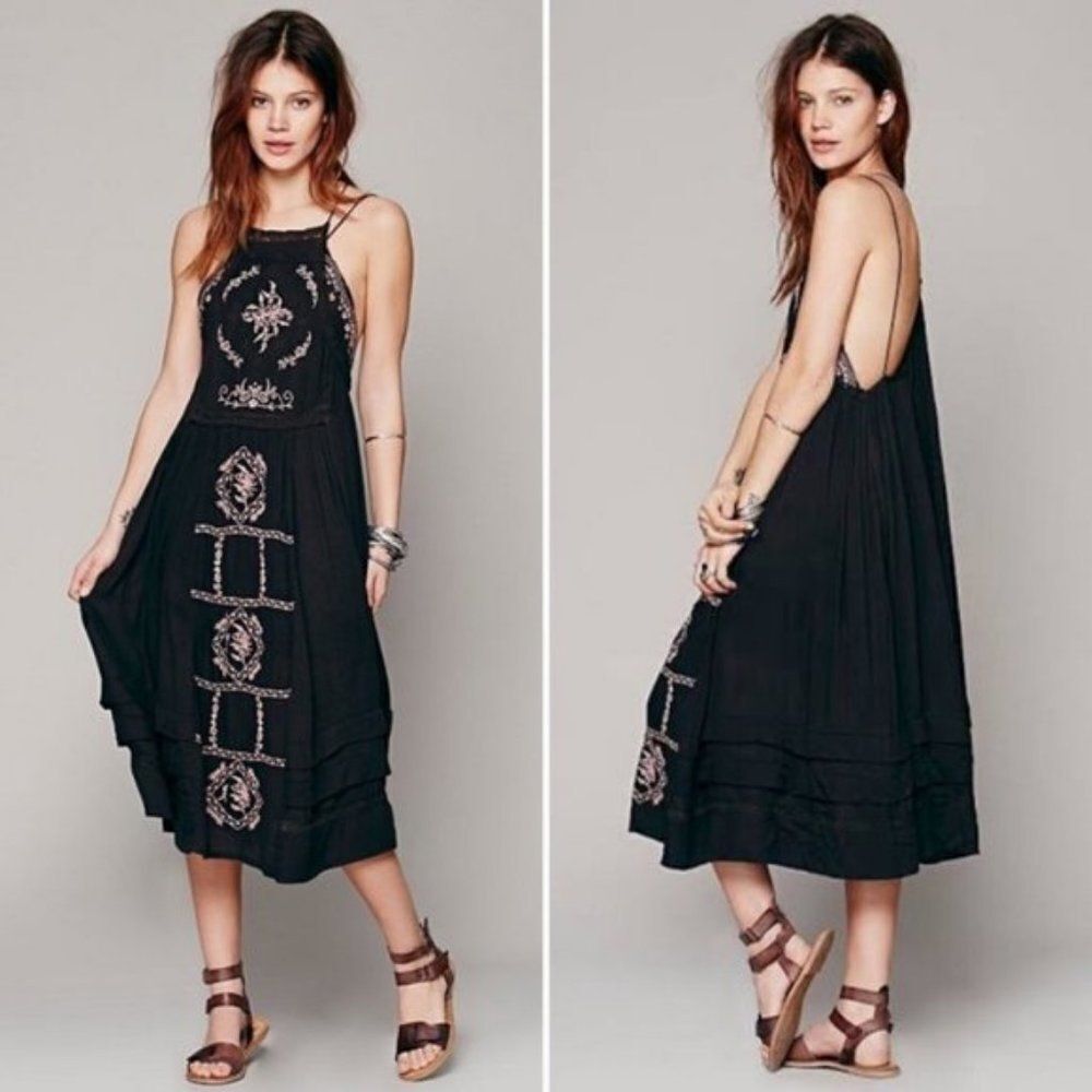 Free People Diamond In The Sky Floral Embroidered Strappy Boho Midi Dress XS‎ - Picture 3 of 10